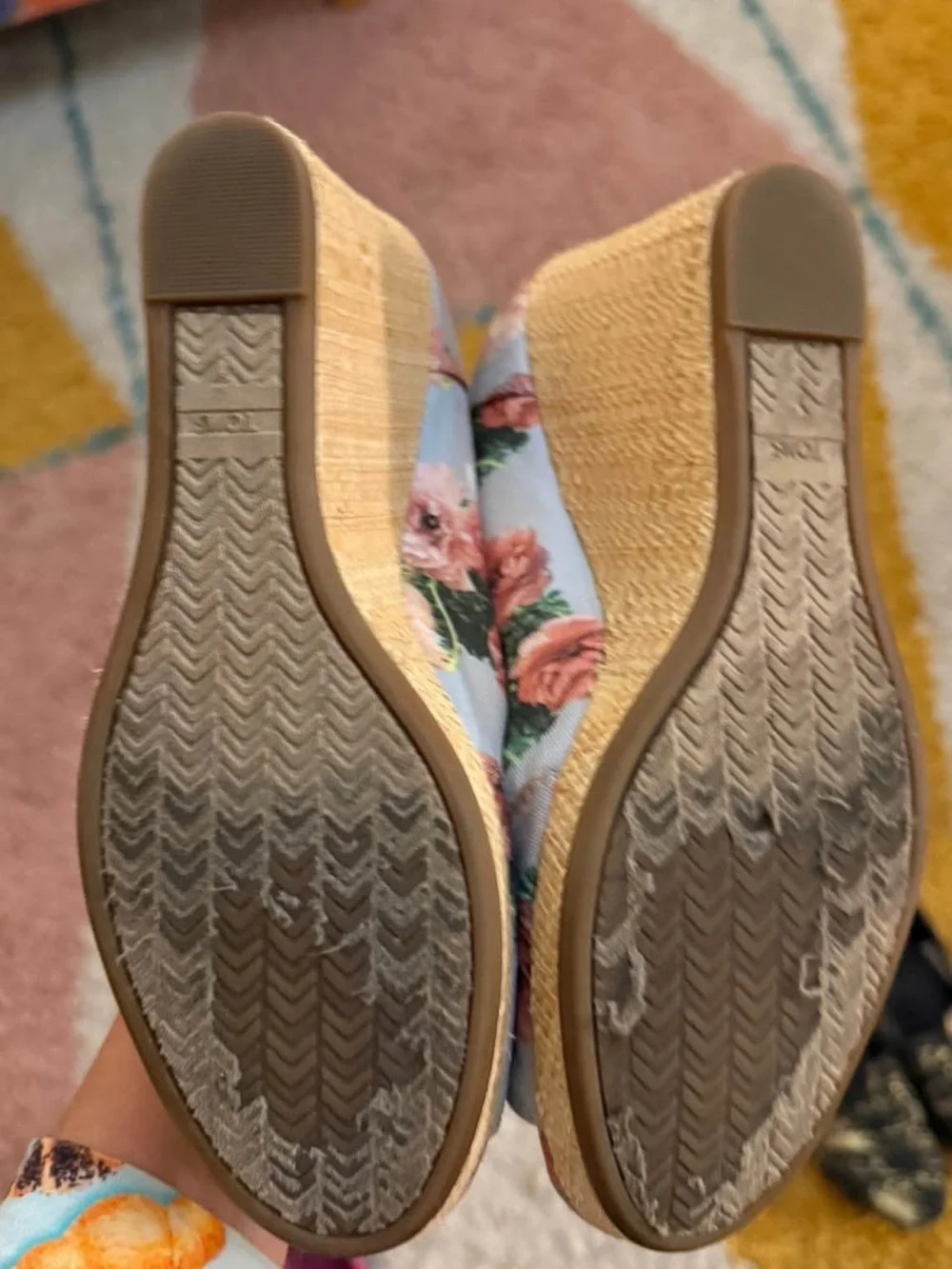 Toms Floral Open-Toe Wedges in Pink and Green